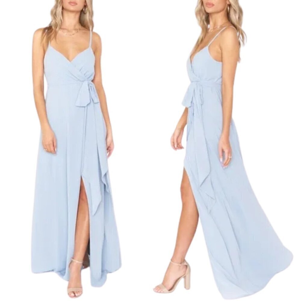NWT Show Me Your MuMu Liz Faux Wrap Chiffon Maxi Dress in Steel Blue Sz. XXS